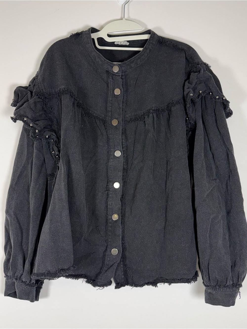 POL Black Snap Front Frayed Shacket Jacket‎ Studded Puff Sleeve Boho Size S